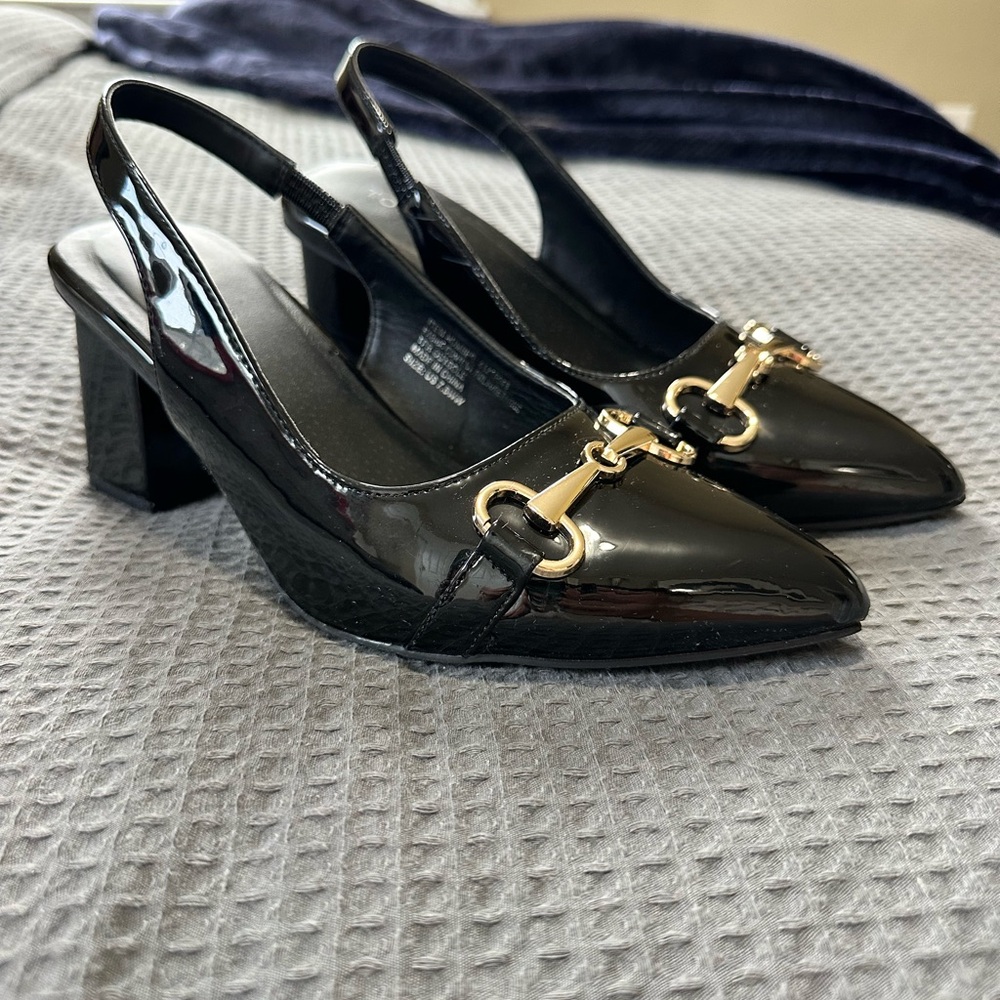 Torrid Glossy Black Slingback Heels with Gold Accents - Wide Width